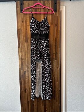 No Boundaries Black Maxi Dress with Pink/purple Floral Print, built in pad bra